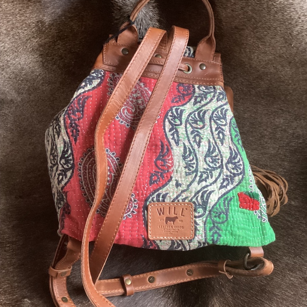 WILL Leather Goods Multi Colored Leather Cross Slouch Gather Drawstring Backpack - Picture 2 of 12